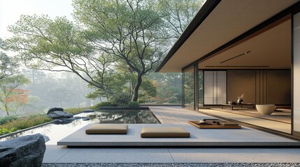 Fototapeta premium Modern Zen Garden Patio with Pool and Cushions