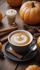 Cozy Autumn Cappuccino: A Close-Up of Freshly Brewed Coffee with Pumpkin and Cinnamon Accents