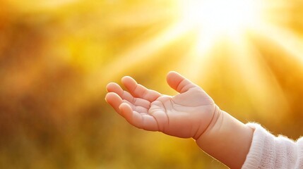 A baby's hand reaches out towards a glowing sun, symbolizing innocence, hope, and the beauty of new beginnings.