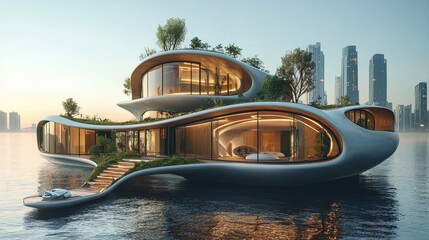 Modern Futuristic Floating Home with Green Roof and City Skyline