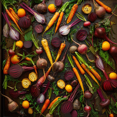 Culinary still life, vegetarian sliced beets orange carrots combined green herbs, dark background
