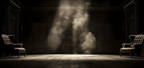 A shadowy room features two ornate armchairs, illuminated by beams of light piercing through smoke. This setting evokes mystery and ghostly tales, enhancing the ambiance. Horrow Halloween