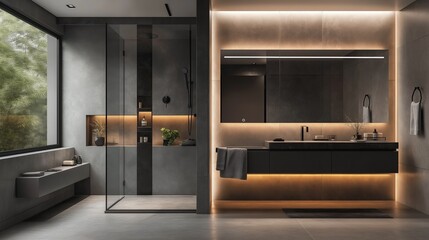 A modern bathroom featuring a walk-in shower with frameless glass