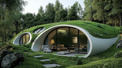 Modern Eco Friendly House with Green Roof in Forest Setting