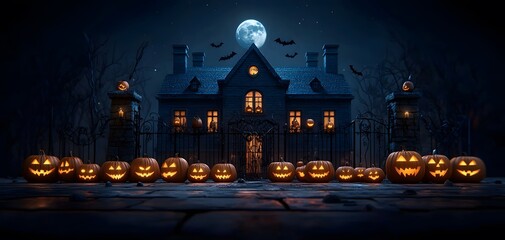 A dark gothic mansion looms under a full moon, surrounded by glowing jack-o’-lanterns and bats. Shadows create a haunting atmosphere of mystery and spookiness. Horrow Halloween