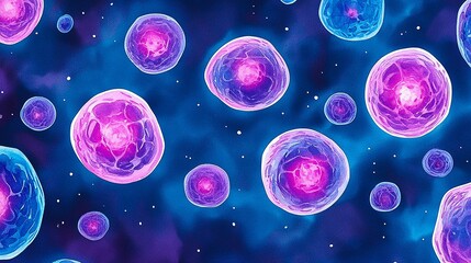 Naklejka premium Colorful cells against a cosmic background, illustrating the beauty of microscopic life in a vibrant and creative manner.