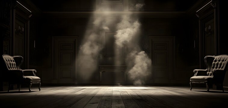 A shadowy room features two ornate armchairs, illuminated by beams of light piercing through smoke. This setting evokes mystery and ghostly tales, enhancing the ambiance. Horrow Halloween