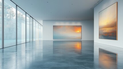 Minimalist Gallery Interior with Sunset Landscape Paintings and Glass Windows