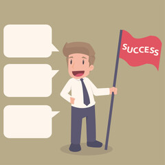 Business triumph vector illustration - Businessman raising flag cheering with hand in air on white background. Winner and success concept illustrator vector