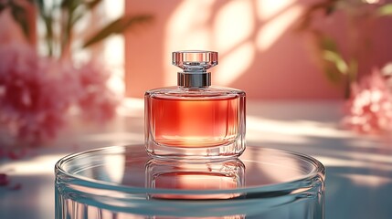 A glass bottle of perfume with a red liquid sits on a glass pedestal.