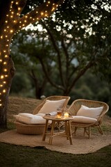 Fototapeta premium A cozy outdoor seating area with string lights, pillows, and a small table with a drink