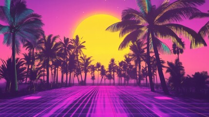 Vibrant retro sunset over a tropical beach with palm trees and grid lines, Ai Generation