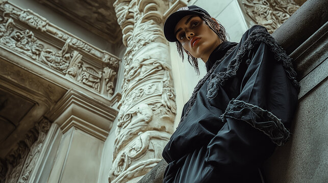 High fashion sportswear shoot featuring a pirate-styled model, with surrealist elements of classical architecture and analog Fuji film vibes.