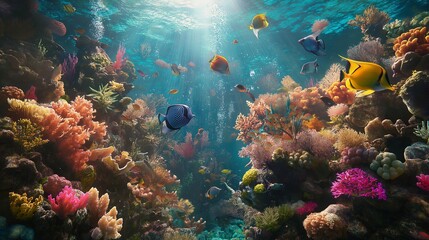 Naklejka premium A Lush Coral Reef Teeming with Exotic Fish and Sea Creatures