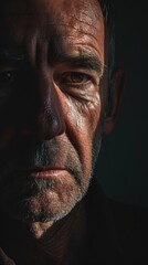 Close-up portrait of an elderly man with deep wrinkles and a solemn expression, highlighted by dramatic lighting. The play of light and shadow emphasizes his age and wisdom, creating a powerful and