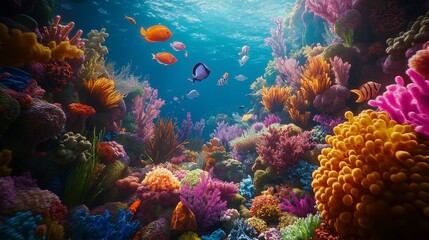Naklejka premium A Lush Coral Reef Teeming with Exotic Fish and Sea Creatures