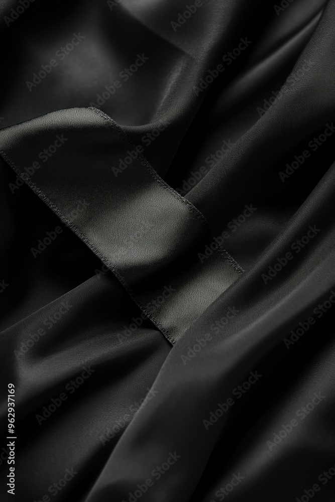 Poster black fabric close-up shows subtle sheen, folded with tear on left side. soft shiny material possibl