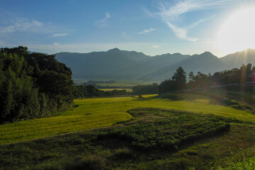 日本の秋の田舎の風景、山に囲まれた田んぼ