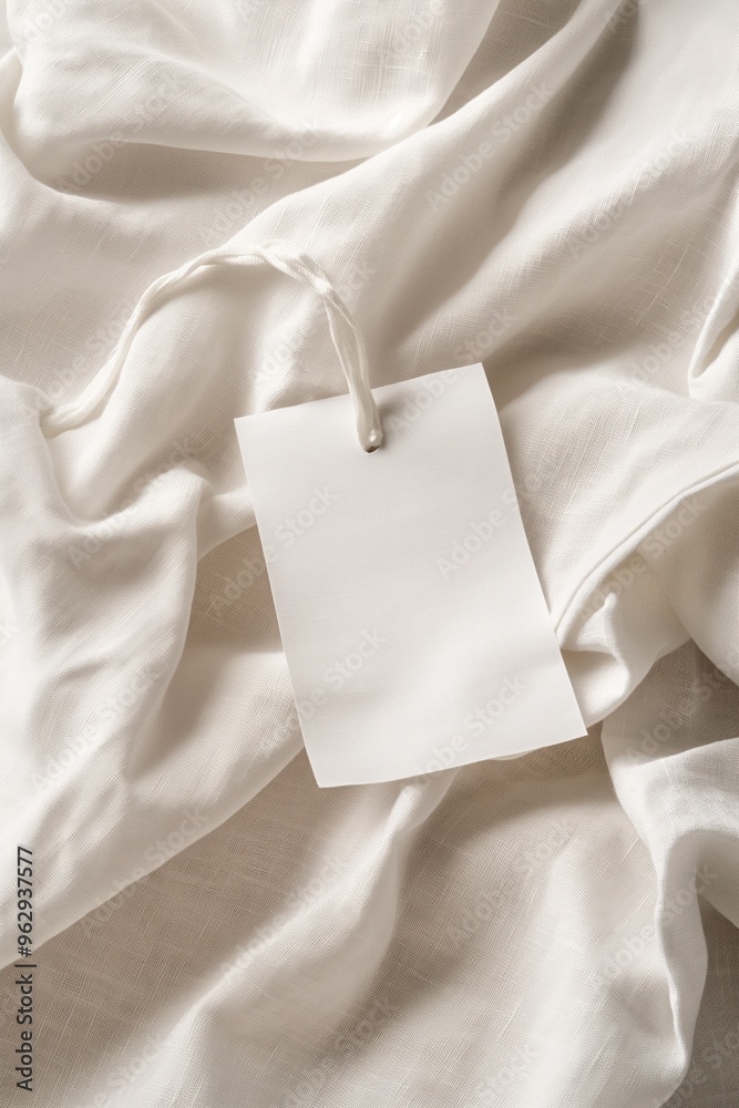 Poster white fabric with crumpled texture features small silver tag on string. close-up shot of laundry car