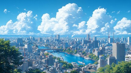 Naklejka premium Sunny Cityscape Under Blue Skies Generative AI