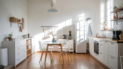 Fototapeta premium A modern style kitchen interior design with a white color scheme. There is a wooden floor, a dining table with chairs, a refrigerator, and other appliances. Sunlight is coming in through a window