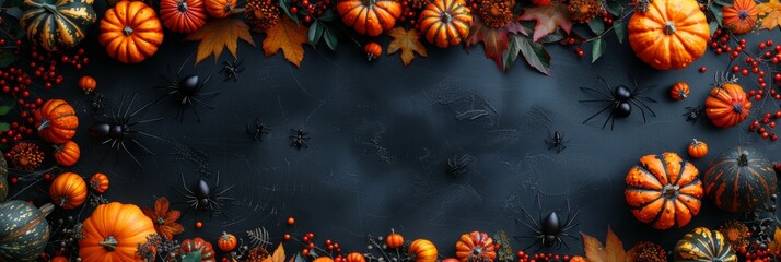 Top view Halloween flat lay with spiders, decorations, and cobwebs on black