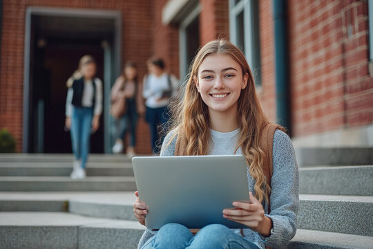 A young woman student smiles while sitting on the steps outside a school building with a laptop in her lap.