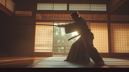 Samurai practicing a kata with a katana in a traditional dojo