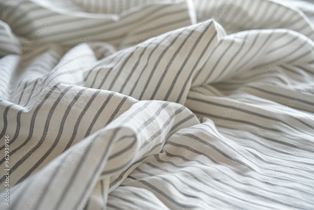 Aufkleber close-up of white bedsheet with gray and white stripes. crumpled texture adds movement to serene sce