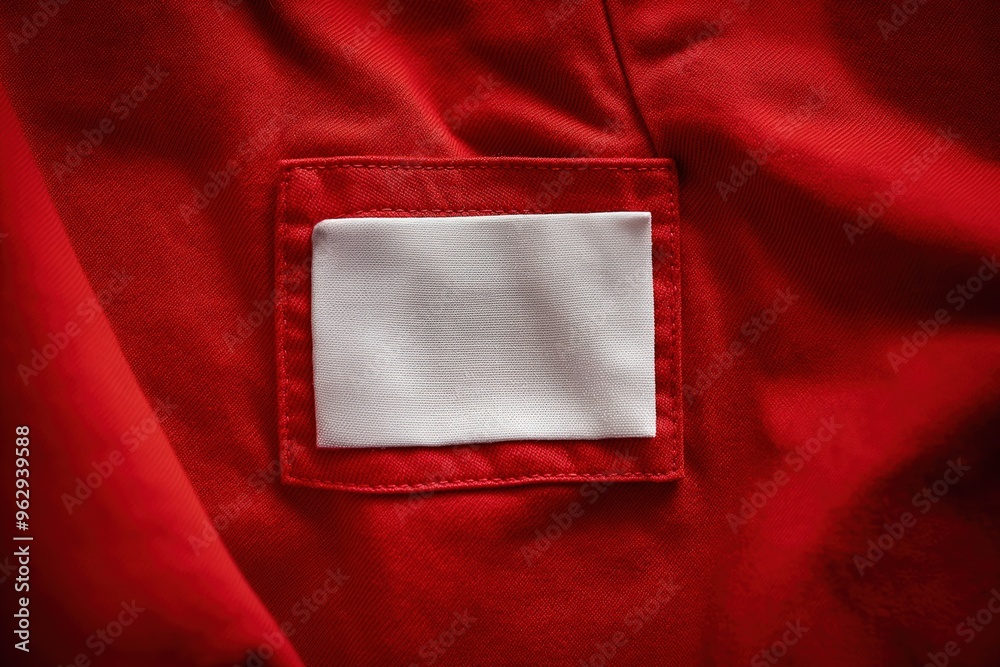 Aufkleber red fabric with white label close-up. clothing item possibly shirt or jacket with wrinkle on left si