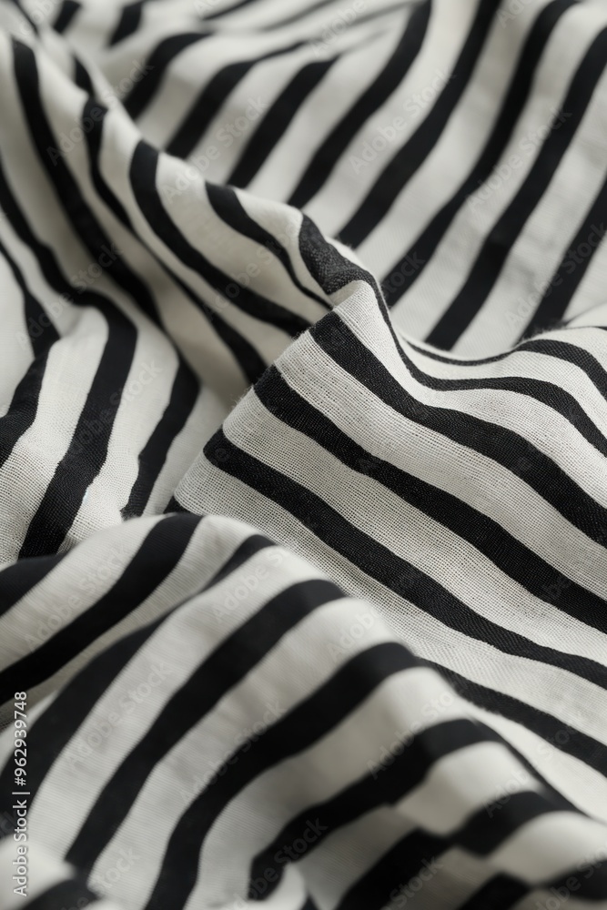 Poster Close-up of black and white striped fabric with wrinkled texture. Evenly spaced stripes create rhythmic pattern on cotton material. No text or objects visible. Fabric appears smooth and textured.