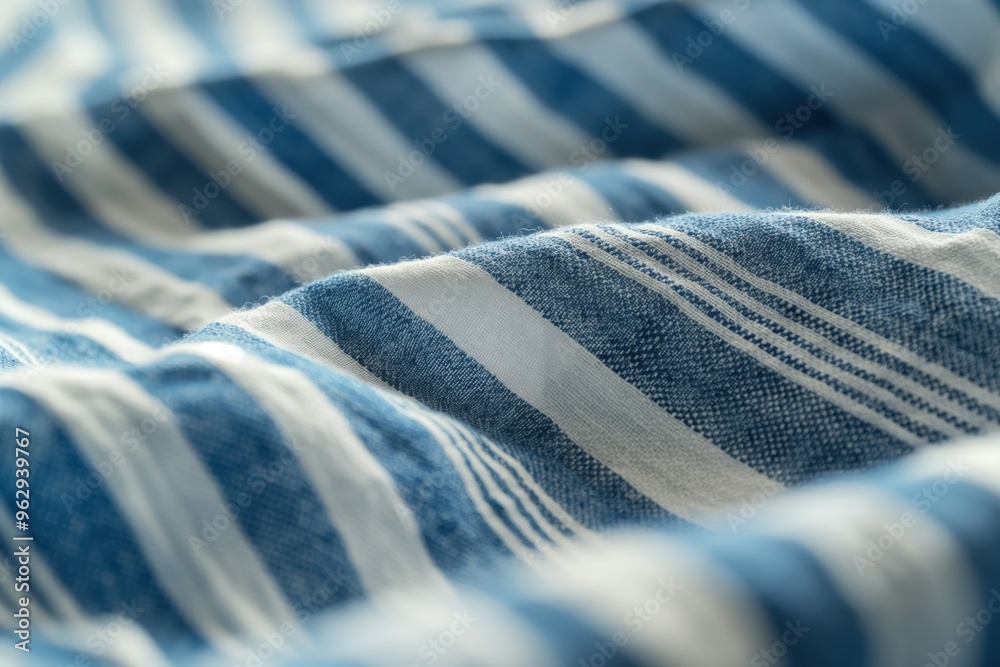 Poster close-up of blue and white striped fabric with diagonal pattern, crumpled texture, blurred backgroun