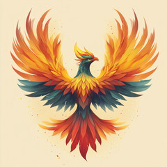 Fototapeta premium Majestic Phoenix Bird with Vibrant Orange and Red Feathers in Full Wing Spread