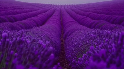 A field of lavender flowers with rows of purple blooms stretching into the distance