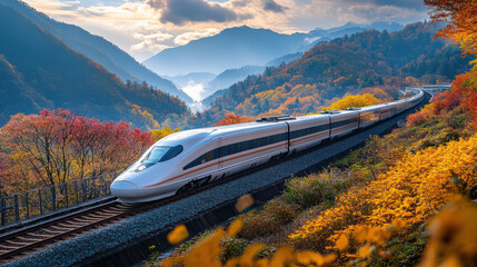 High Speed Train Through Autumn Mountains