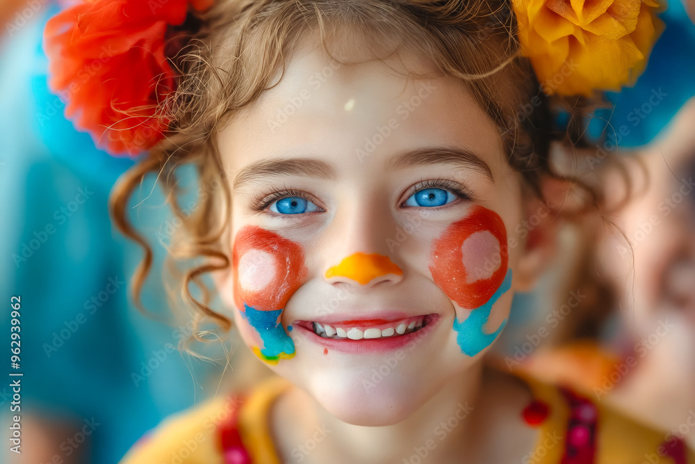 Sticker A little girl with clown face paint smiles at the camera