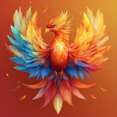 Fototapeta premium Vibrant Phoenix Bird with Blue and Red Feathers in a Bright Orange Sky