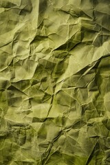Olive green crumpled paper with rough texture. Close-up view of folded and creased poster background with white lines and dots. Ideal for eco design, tech illustration, or creative concept art.