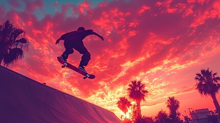 Silhouette of a skateboarder jumping over a ramp with a fiery sunset sky behind him.
