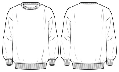 Men's sweater long sleeve Crew neck T Shirt flat sketch fashion illustration drawing template mock up with front and back view, Sweatshirt cad drawing
