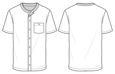 Men's Button down Crew neck T Shirt flat sketch fashion illustration drawing template mock up with front and back view, button front round neck t-shirt vector template