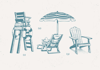 Hand drawn beach chair with summer vibes element set