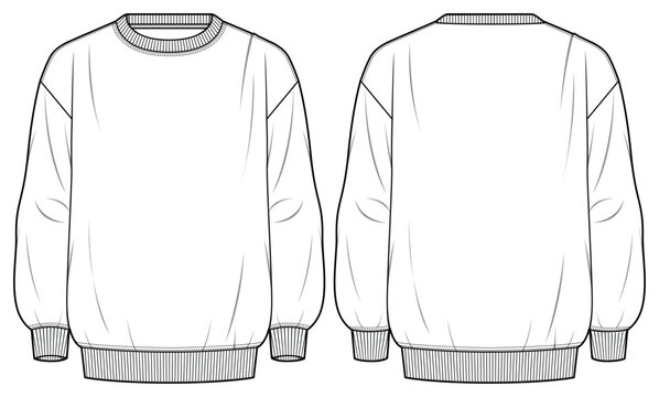 Men's sweater long sleeve Crew neck T Shirt flat sketch fashion illustration drawing template mock up with front and back view, Sweatshirt cad drawing