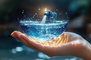 A hologram of a water pump, symbolizing aid delivering clean water to areas in need and addressing critical health and sanitation issues.