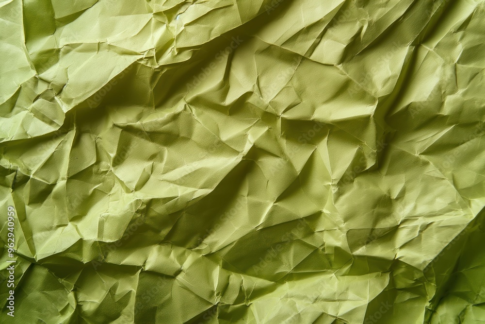 Poster crumpled green paper texture with blurred background. eco-friendly design concept for tech and susta