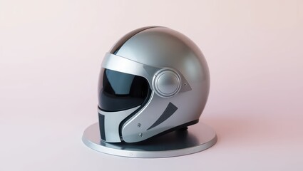 Fototapeta premium Modern Silver Motorcycle Helmet with Visor on Stand