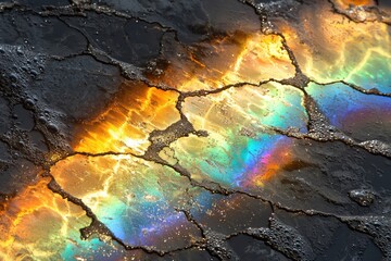 Close up of colorful cracked earth surface with iridescent reflections