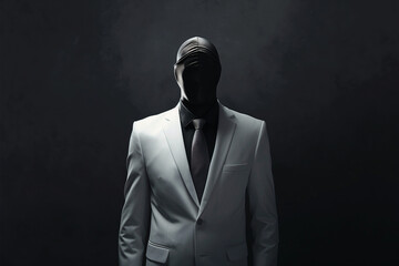 Visualize a mysterious figure dressed in a sleek white suit, with their face hidden in shadow or obscured, evoking the anonymity of a hacker or the enigmatic persona of Anonymous