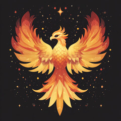 Obraz premium Majestic Golden Phoenix With Outstretched Wings Amidst Stars and Fire Sparkles