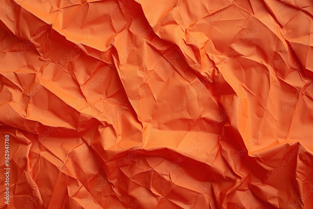 Poster Crumpled orange fabric texture with rough wrinkles folds. Close-up view of paper poster background with prominent edges corners. Orange brown colors dominate image adding depth dimension.